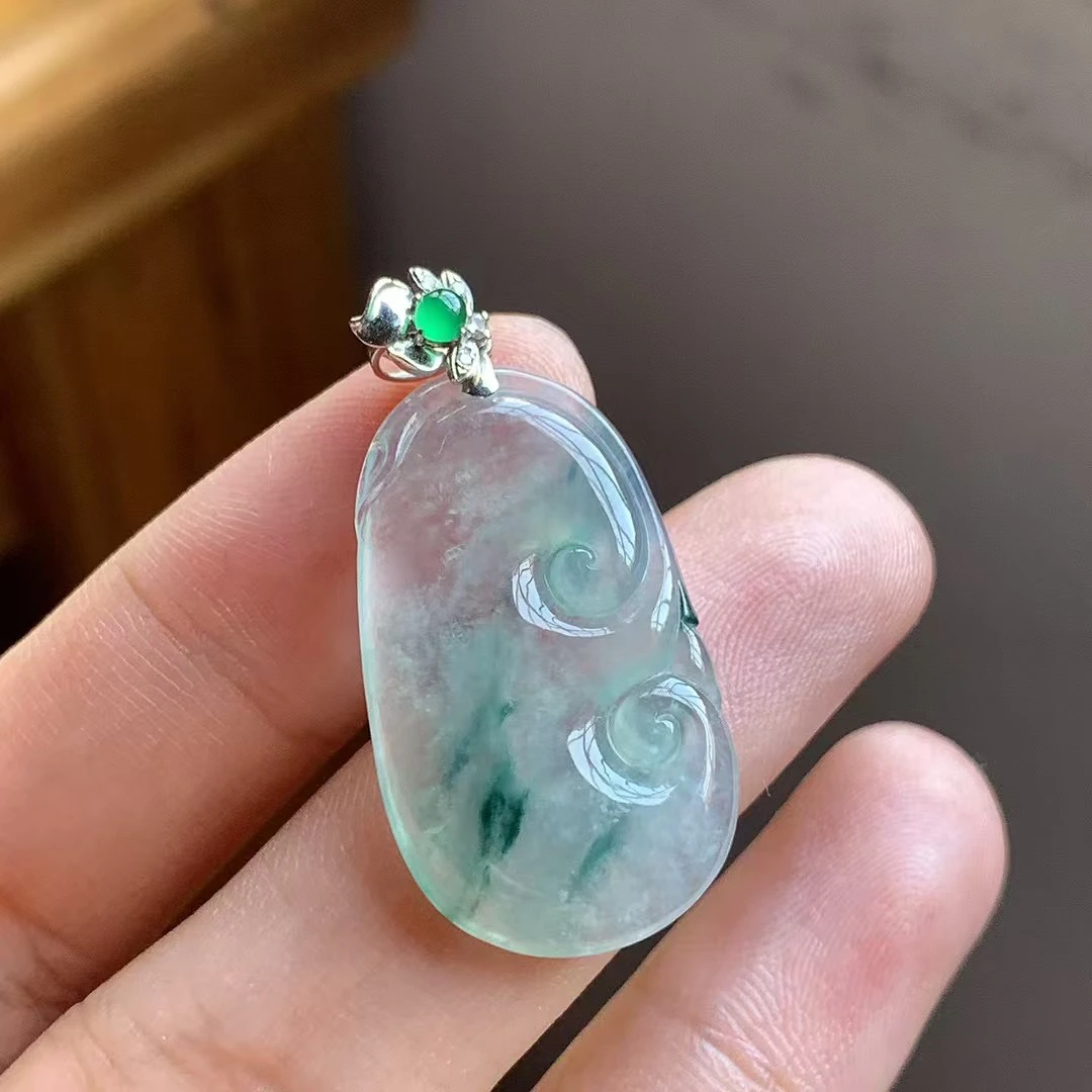 缅甸天然a货翡翠冰飘花如意18k金扣镶嵌g6尺寸28.8/16.8/4.0