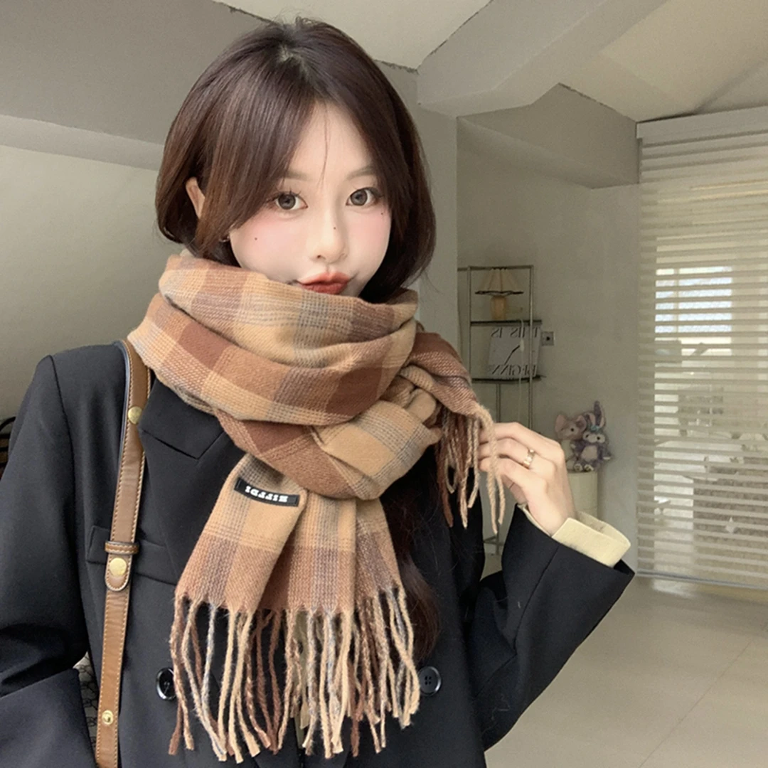 新款仿羊绒格子围巾韩系保暖围脖流苏女情侣学生围巾甜美披肩围巾