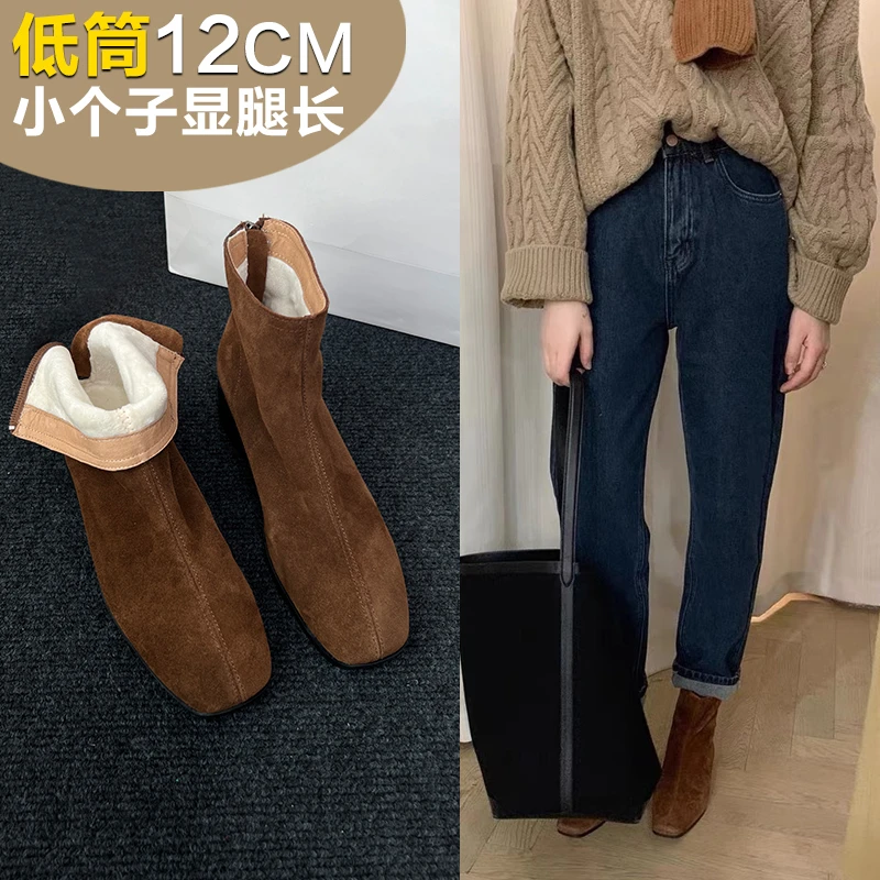 林印象自制小个子瘦瘦靴加绒短靴女后拉链复古方头粗跟时装靴