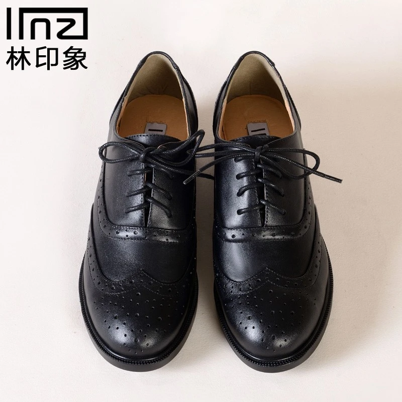 林印象自制学院风黑色真皮系带粗跟雕花布洛克女鞋圆头复古单鞋