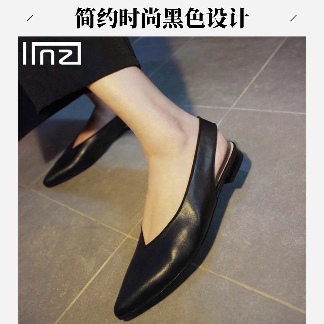 林印象自制黑色真皮平底鞋V字尖头牛皮女士单鞋后空透气女凉鞋