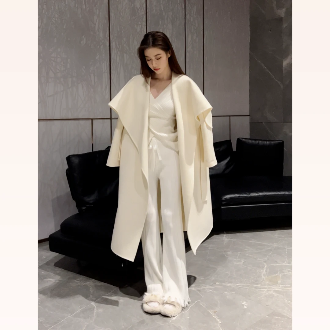 白色针织阔腿裤女高腰显瘦抽绳拖地裤直筒休闲长裤