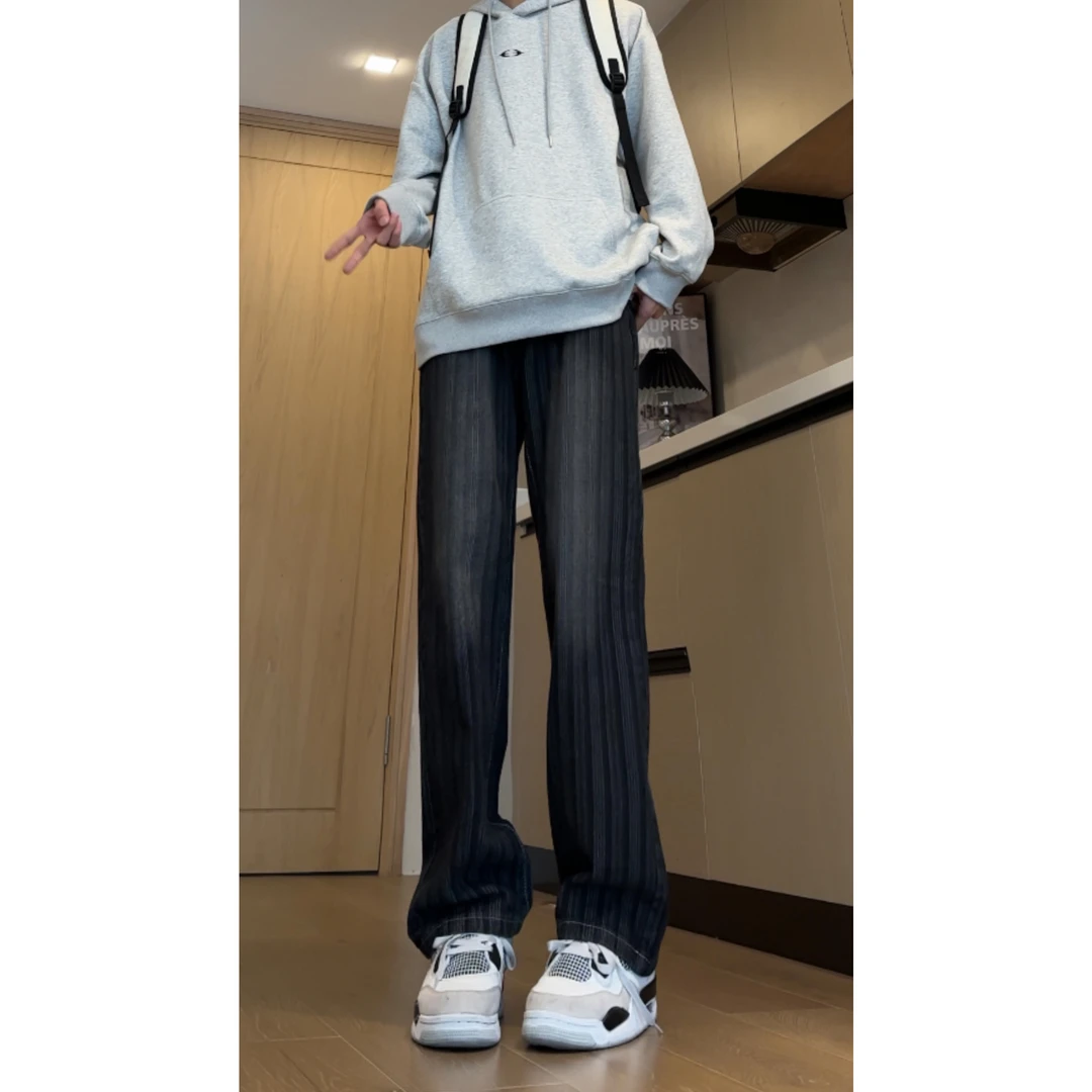 黑色修身显瘦条纹牛仔裤美式高街vibe裤子hiphop高个子加长直筒裤