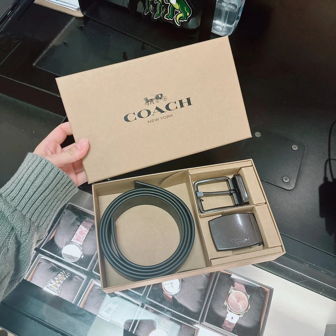 COACH/蔻驰  男款商务炭黑标志双面可裁剪皮带  时尚百搭礼盒装