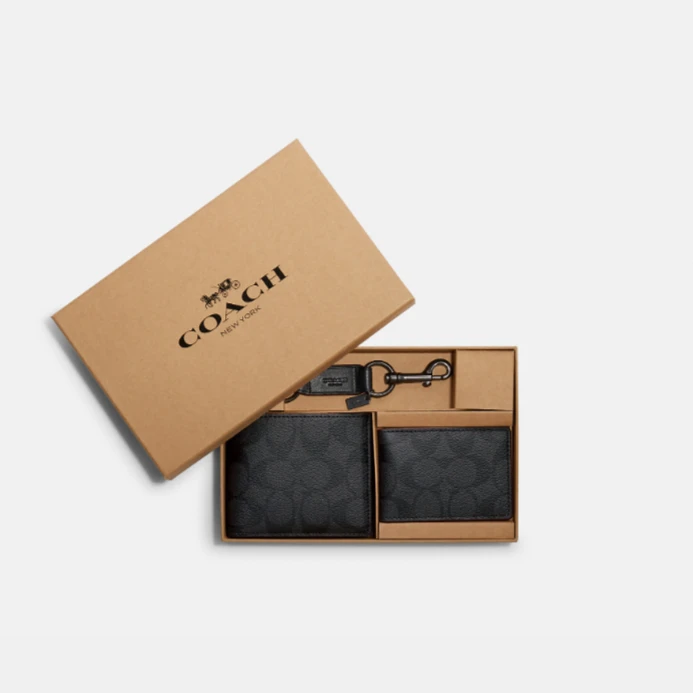 COACH蔻驰 41346 WALLET经典黑灰LOGO标志零钱包带手提扣 礼盒装