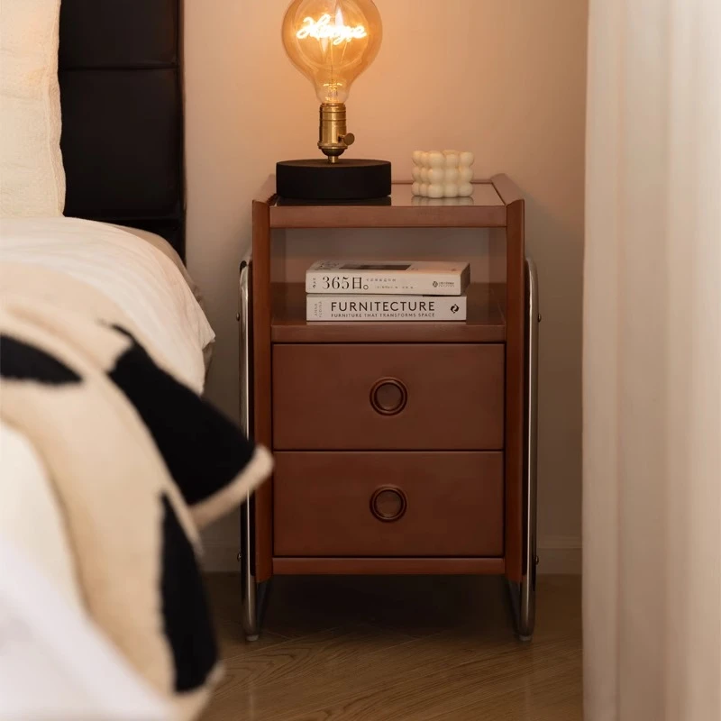 小万家具实木小型窄床头柜北欧复古卧室边柜ins不锈钢收纳柜