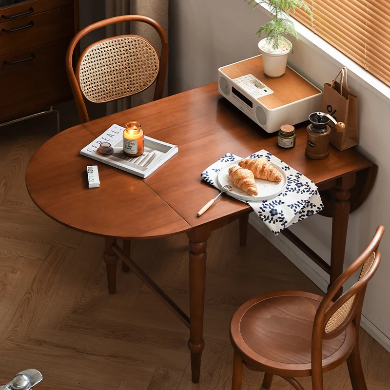 小万家具北欧折叠实木餐桌家用小户型ins中古风餐厅椭圆桌子