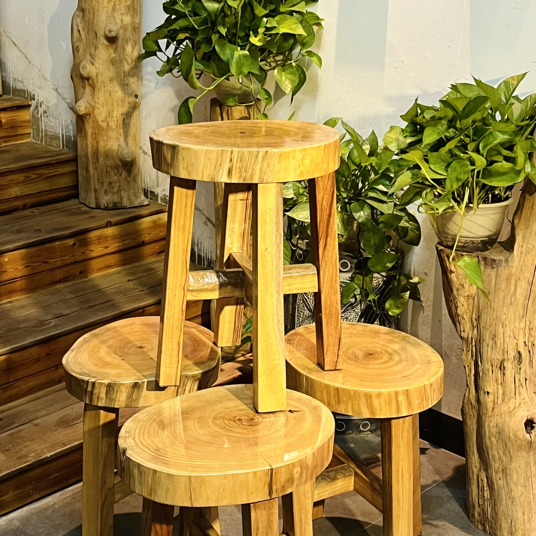 天然圆形香樟木片客厅凳子实木桌子阳台桌原木铁艺实木桌椅换鞋凳