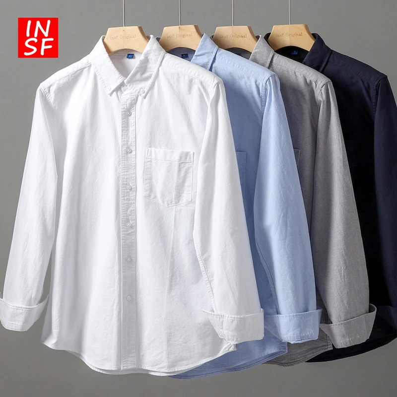 美式重磅牛津纺长袖衬衫男秋季白色寸衫高级感衬衣休闲外套男纯棉