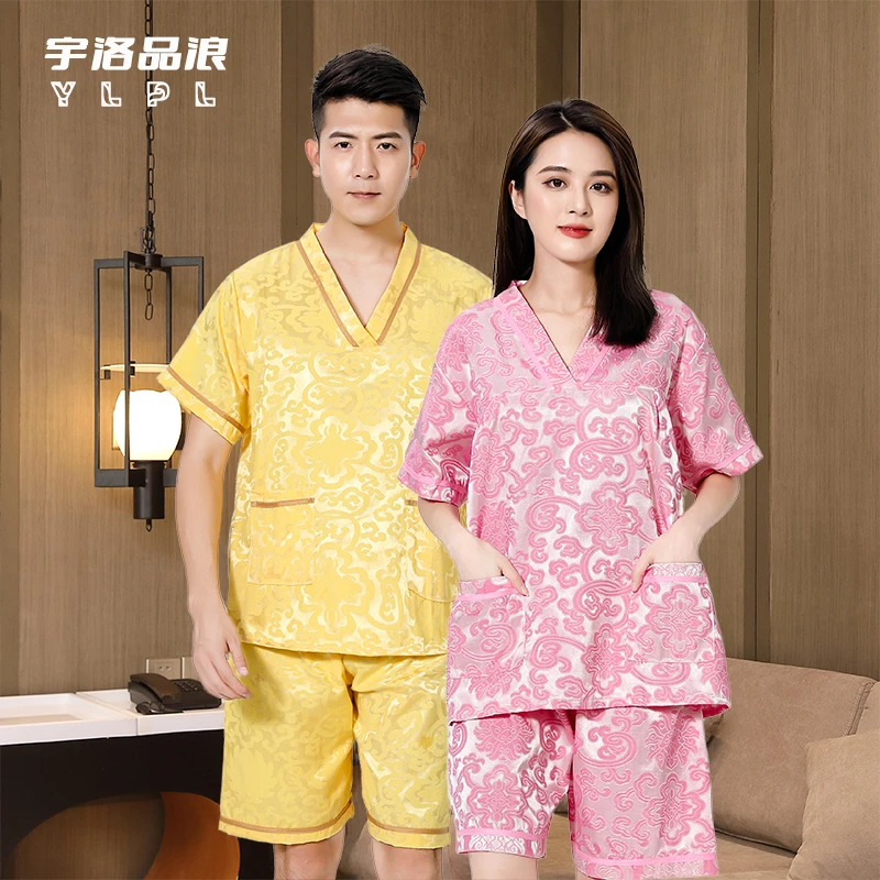 男女款情侣汗蒸服涤棉富贵提花套头款式洗浴服客人服居家可穿