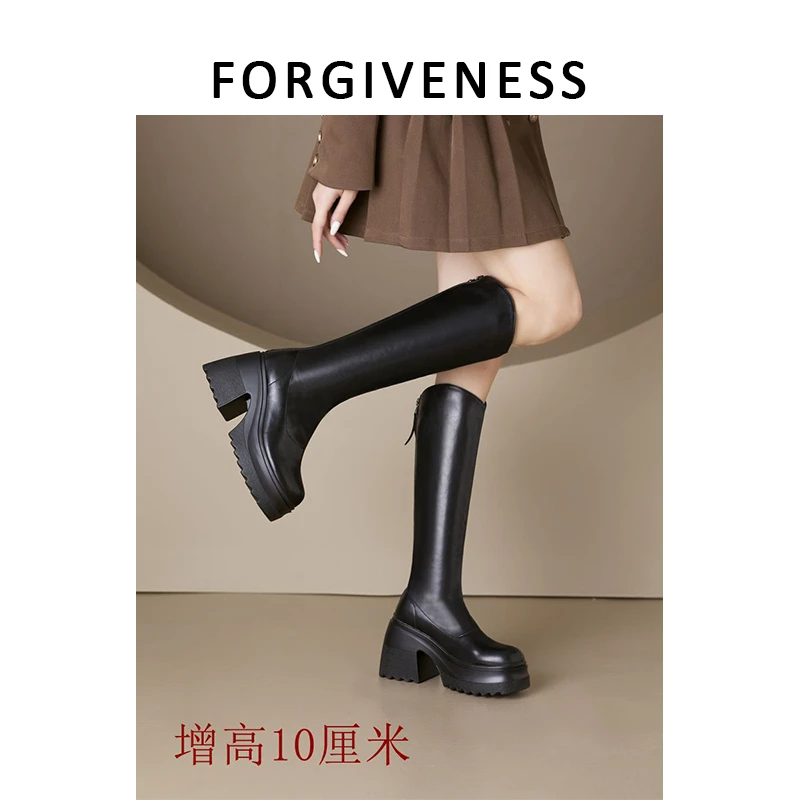 白色骑士靴小个子粗跟厚底英伦风瘦瘦靴百搭高跟真皮秋冬维密长靴