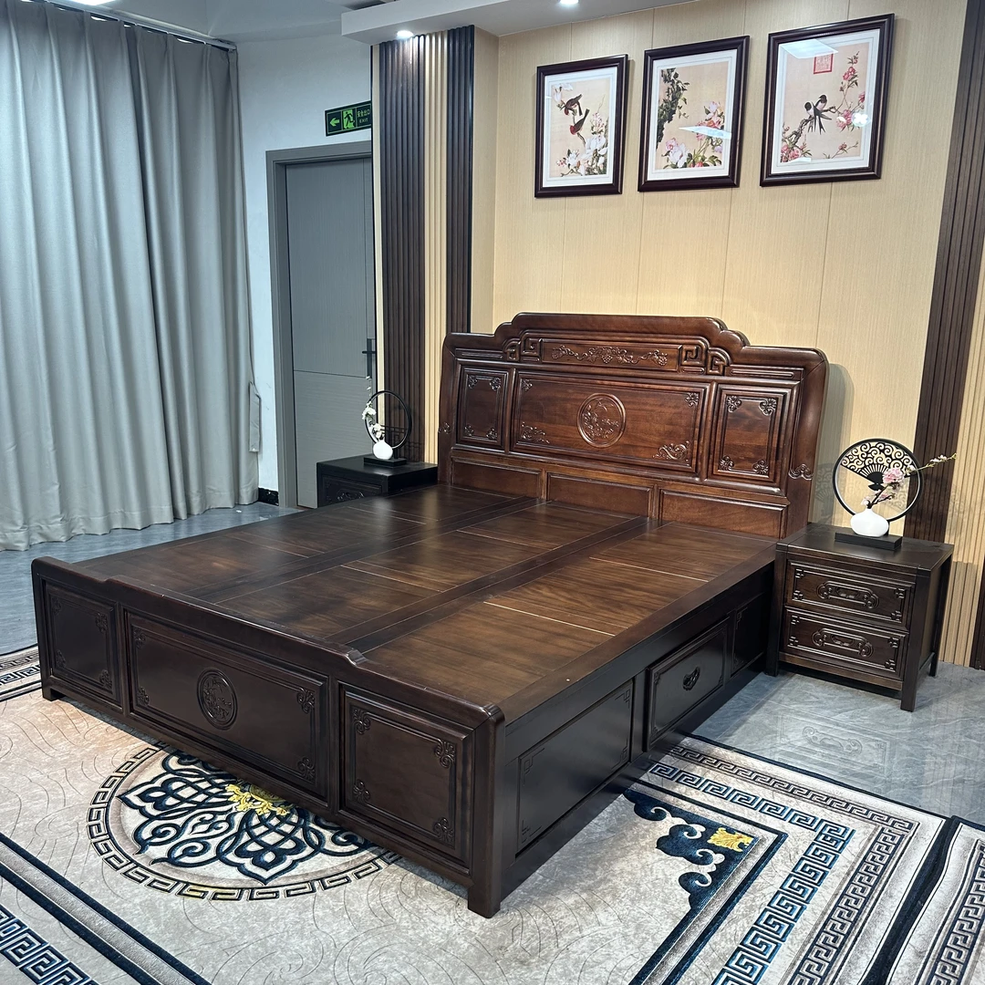 国色天香 储物床高箱抽屉1.8米雕花婚房主卧床卧室大床古典双人床