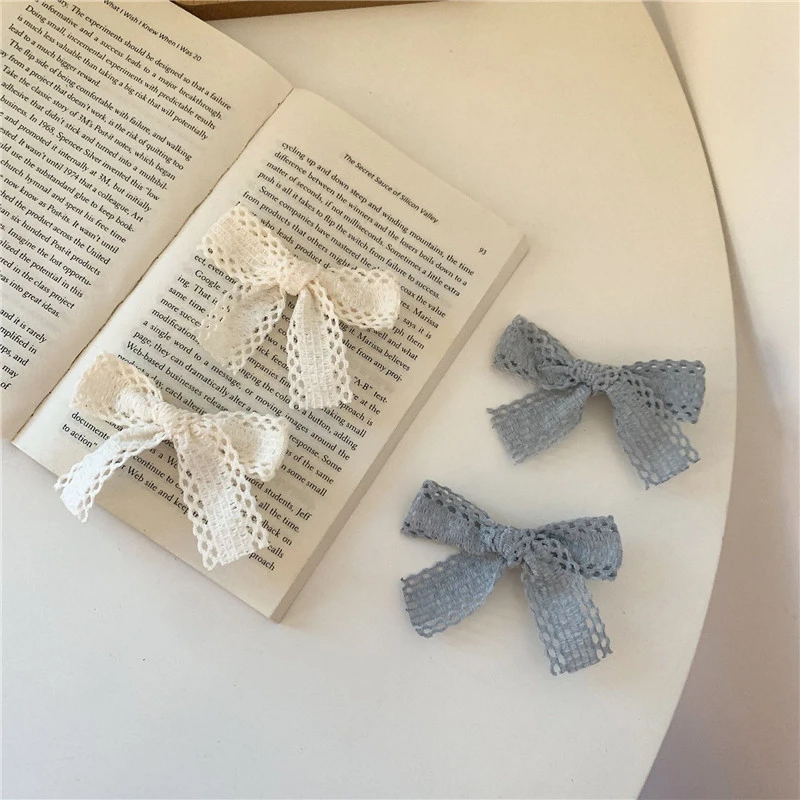 超级温柔百搭的一款奶蓝色蕾丝蝴蝶结发圈发夹双马尾头绳少女发卡