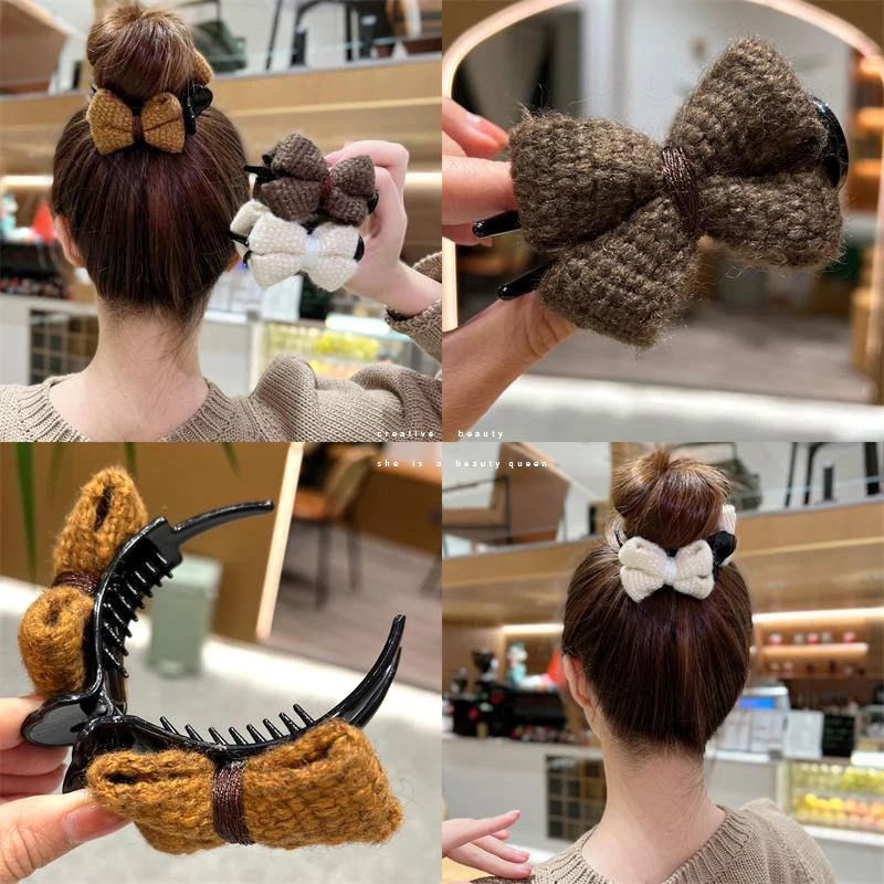 针织毛线蝴蝶结丸子头抓夹女秋冬后脑勺盘发神器发夹鲨鱼夹子头饰
