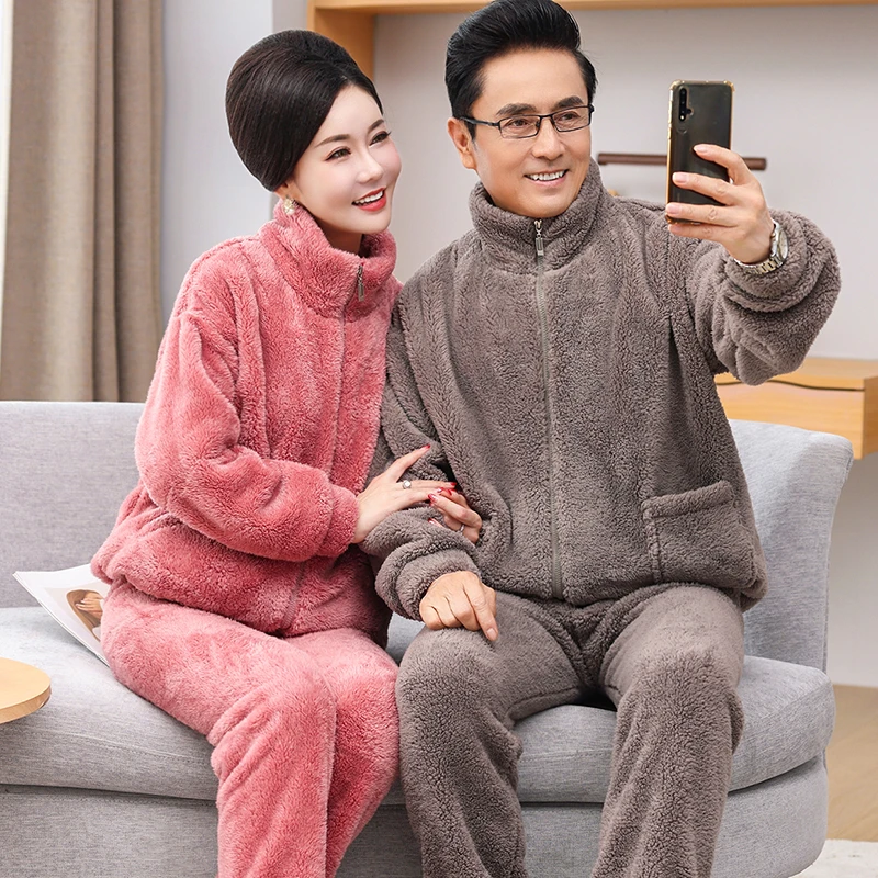 中老年珊瑚绒拉链款情侣睡衣秋冬季中年爸妈加绒保暖家居服两件套