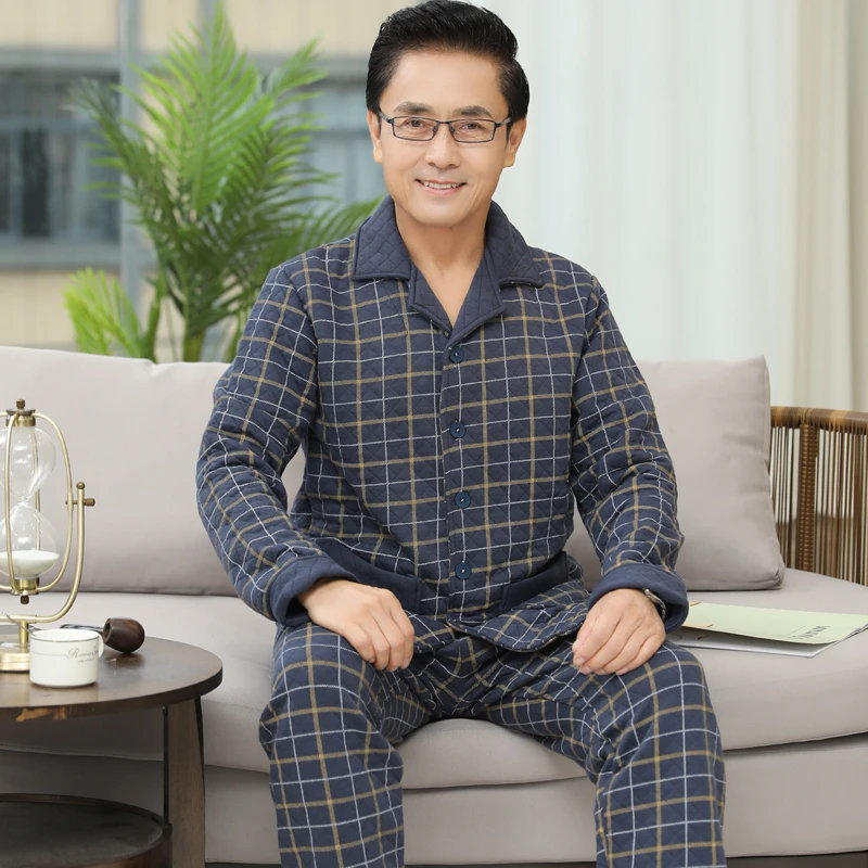 中老年男士夹层棉睡衣秋冬季保暖长袖长裤中年爸爸加厚家居服套装