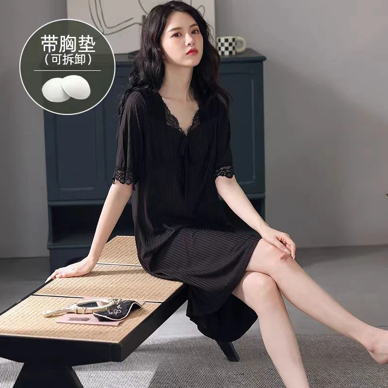 2025年带胸垫睡衣女夏季冰丝中长款短袖睡裙家居服薄款黑色连衣裙