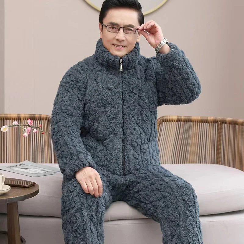 冬季中老年爸爸加厚三层珊瑚绒夹棉袄睡衣秋冬新款加绒保暖家居服