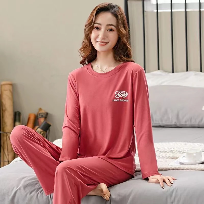 中年女士莫代尔睡衣春秋季新款圆领长袖休闲可外穿大码家居服套装