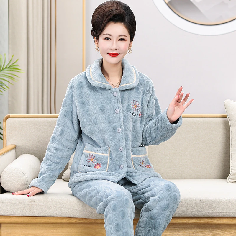 中老年女士秋冬加厚剪花法兰绒睡衣中年妈妈保暖可外穿家居服套装