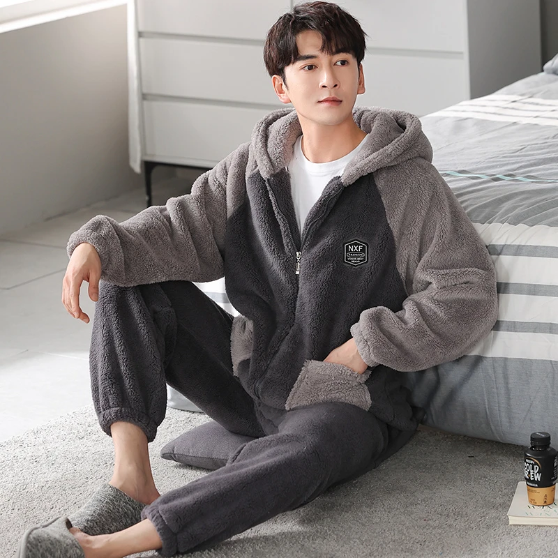 睡衣男秋冬季珊瑚绒加厚拉链款连帽家居服青年法兰绒保暖外穿套装