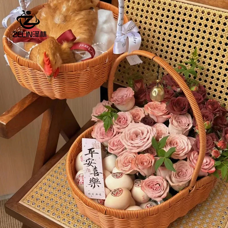 防藤编草编中秋节月子鸡蛋鲜花手提花店鲜花篮产妇礼篮 (含材料)