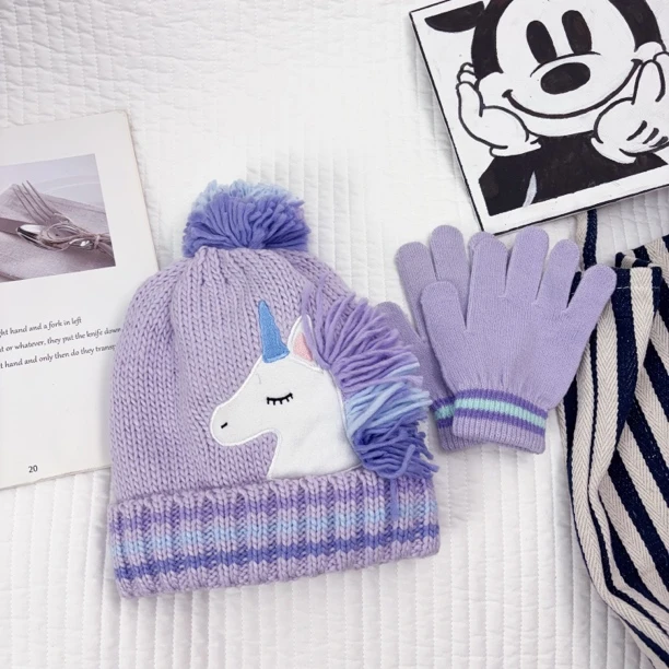 女童加绒卡通毛线帽手套两件套装3-10岁