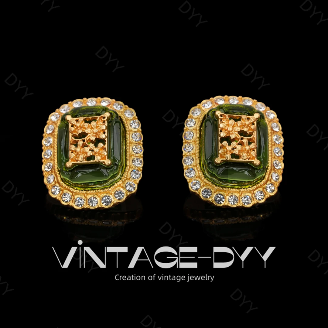 合金合成锆石耳饰 vintage复古气质金绿色方形画框小花时尚耳钉