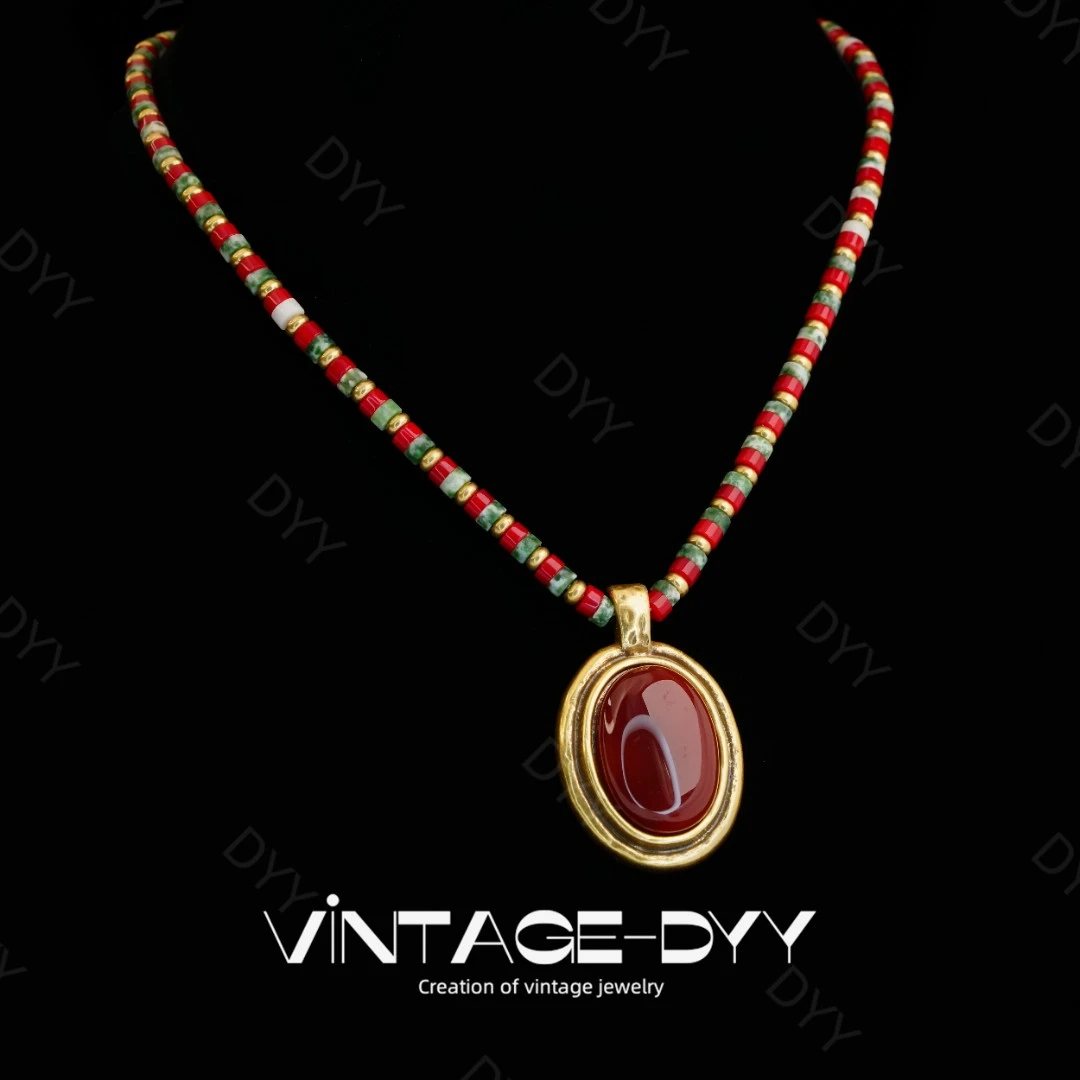 合金亚克力项链 vintage做旧复古红棕色石头异域风情吊坠项链