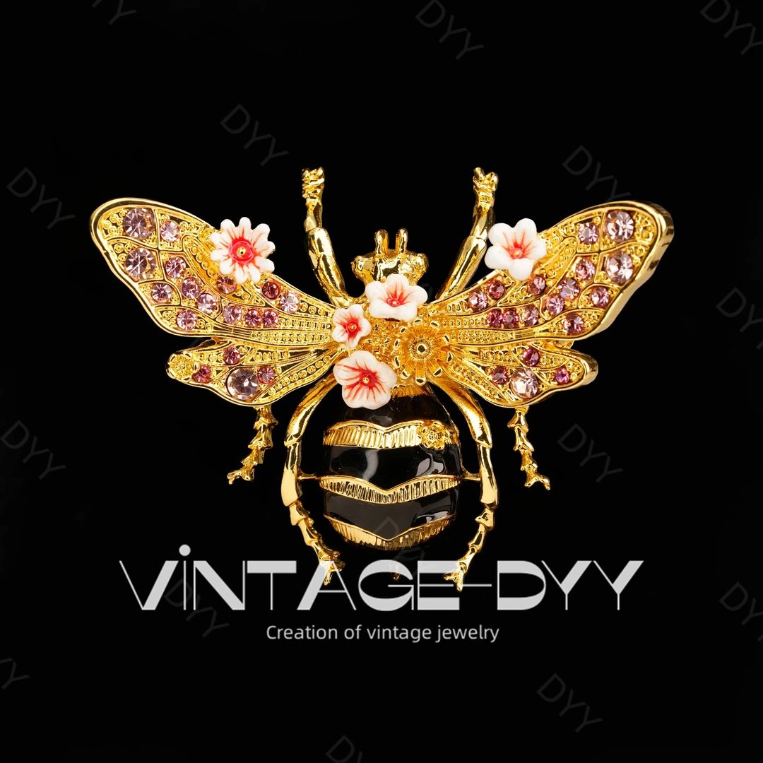 合金合成锆石胸针 vintage复古手工制作花丛小蜜蜂精致气质胸针