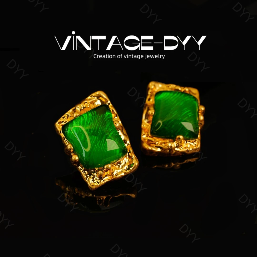 合金亚克力耳饰 欧美中古风vintage绿色果冻复古胭脂红耳夹