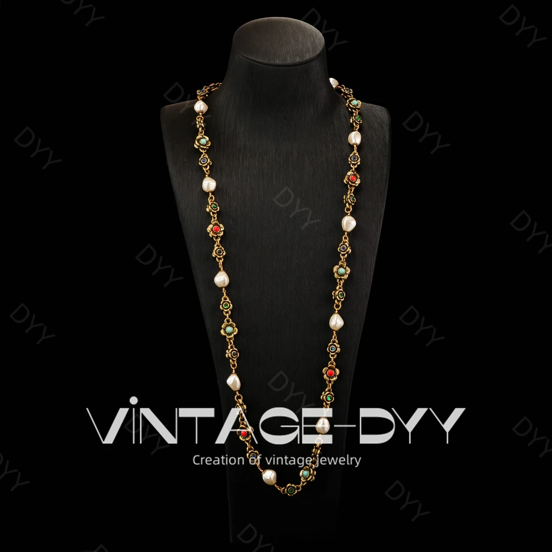 合金项链 vintage复古气质做旧风彩色小花长款项链可叠戴