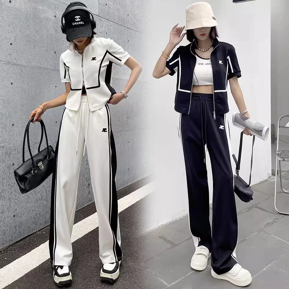 时尚炸街运动连帽宽松女夏2024新款潮流阔腿裤撞色百搭高腰套装