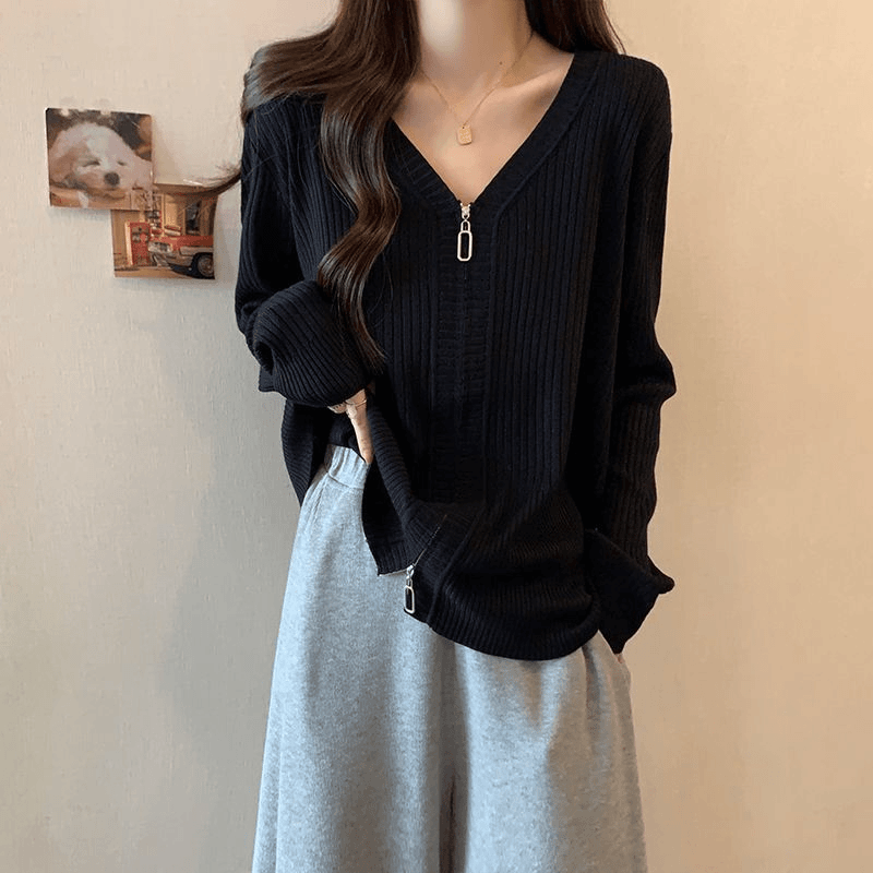 大码女装2024秋装胖妹妹休闲设计感V领拉链针织衫开衫遮肚子上衣