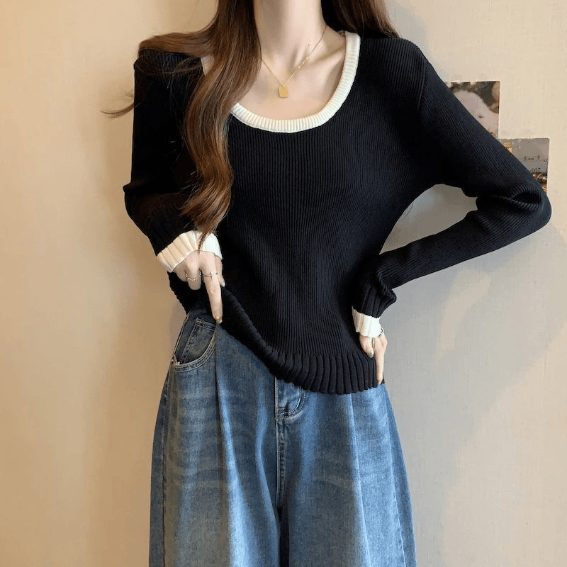 大码撞色低领针织打底衫女秋冬胖mm宽松设计感内搭露锁骨长袖上衣