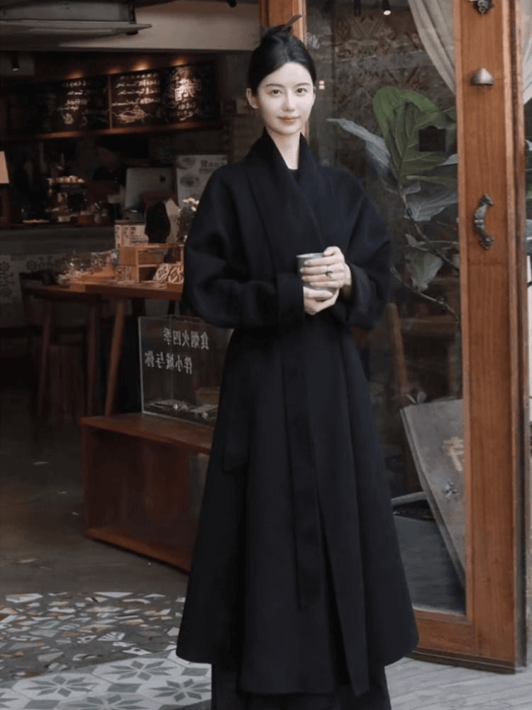 羊毛感黑色森系毛呢大衣秋冬季新款赫本风独特别致气质名媛外套女