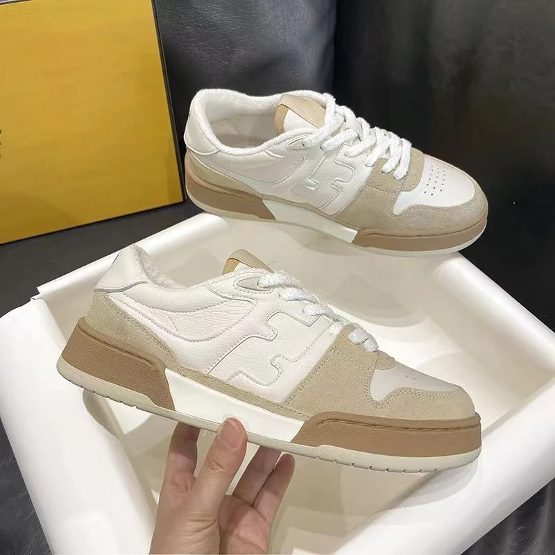 高端轻奢拼色休闲鞋2023新款百搭情侣男女同款小白鞋真皮德训板鞋