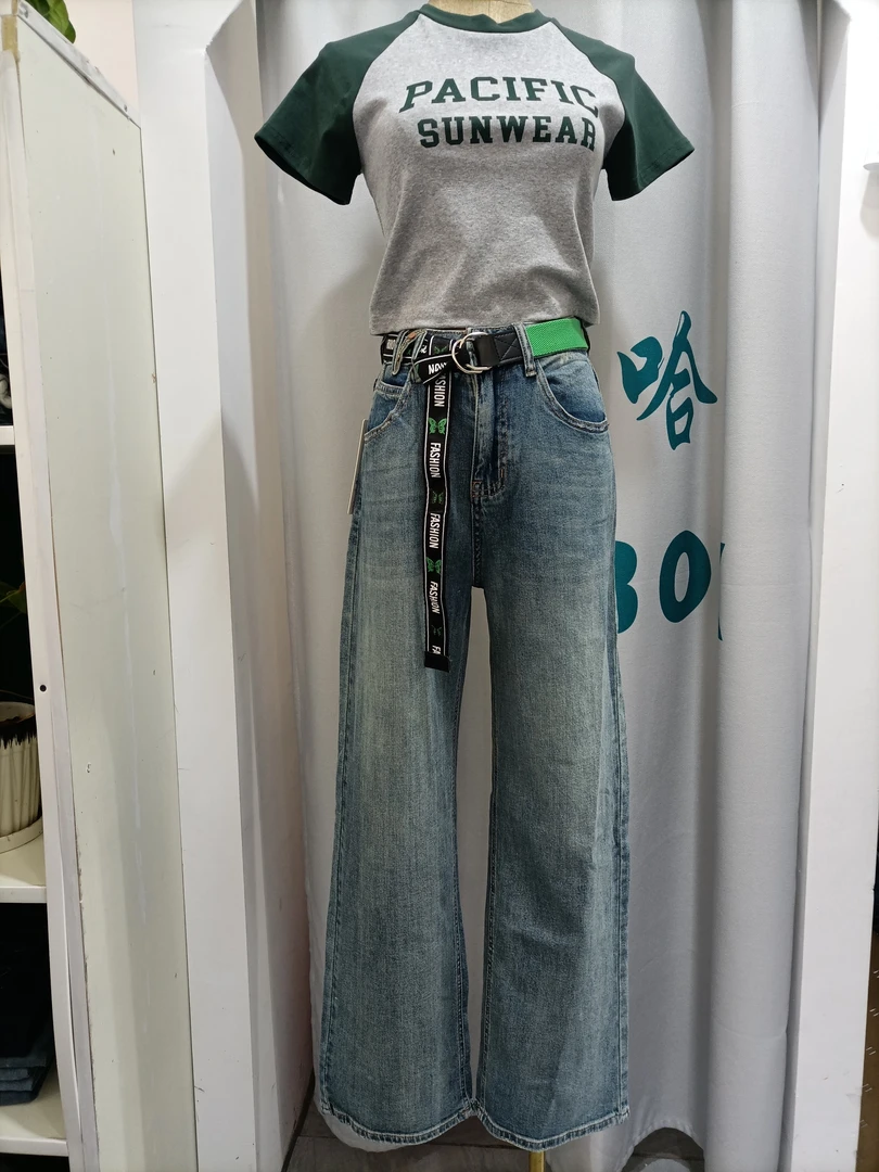 做旧色水洗全棉牛仔拖地裤