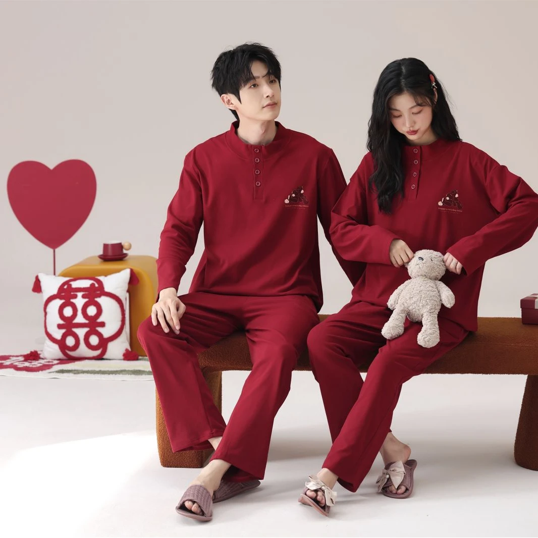 秋冬季新款中式红色情侣德绒长袖长裤休闲睡衣家居服