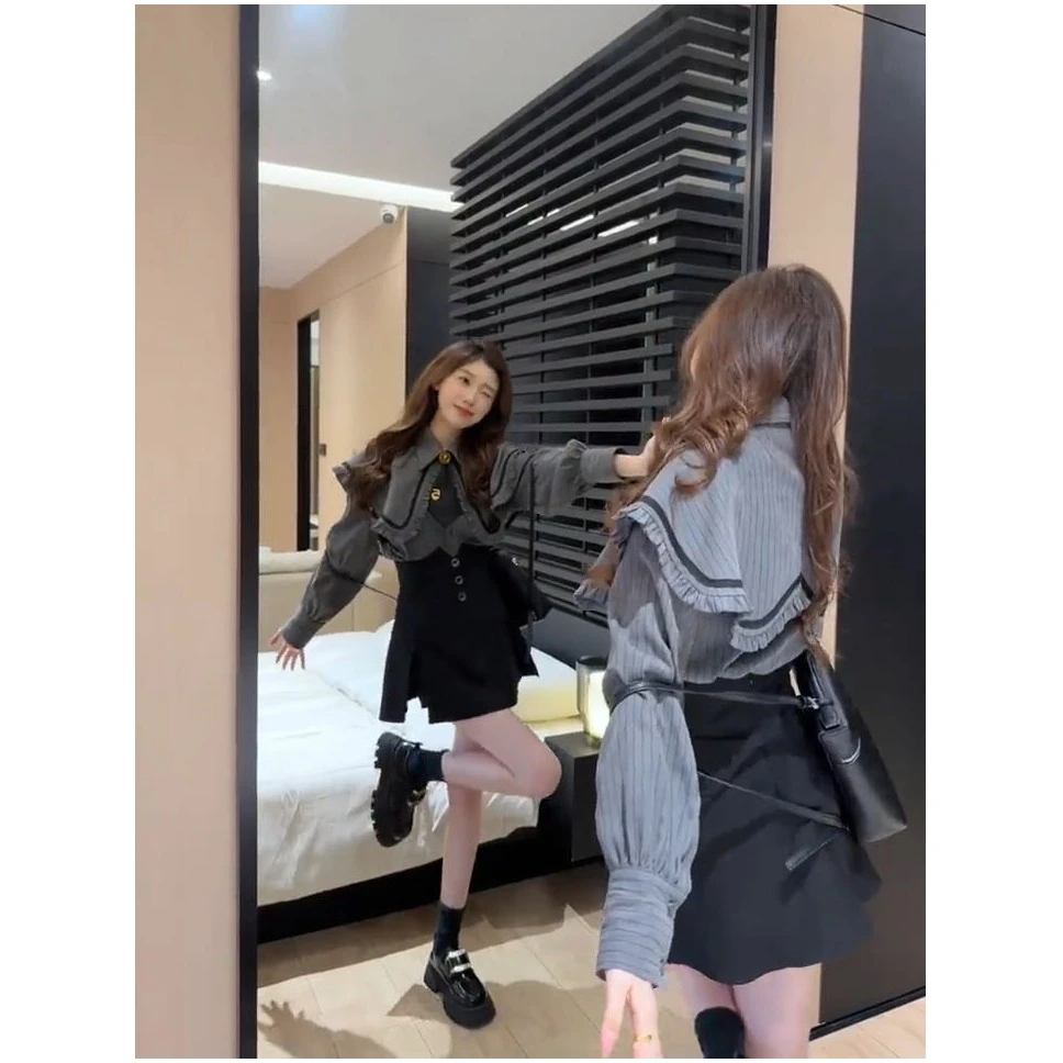 秋季学院风甜美套装女2024新款高级感长袖娃娃领衬衫短裙裤两件套