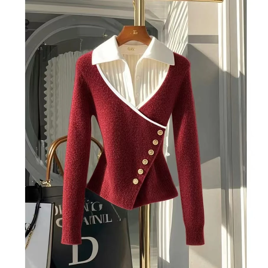 安可拉红假两件加厚毛衣女冬高级感超好看收腰独特漂亮针织衫上衣