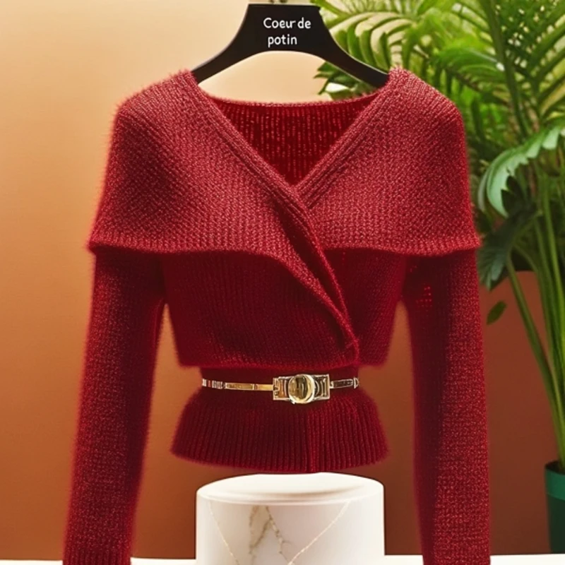 早秋新款时尚气质设计感高级法式薄款超好看收腰红色针织衫上衣女