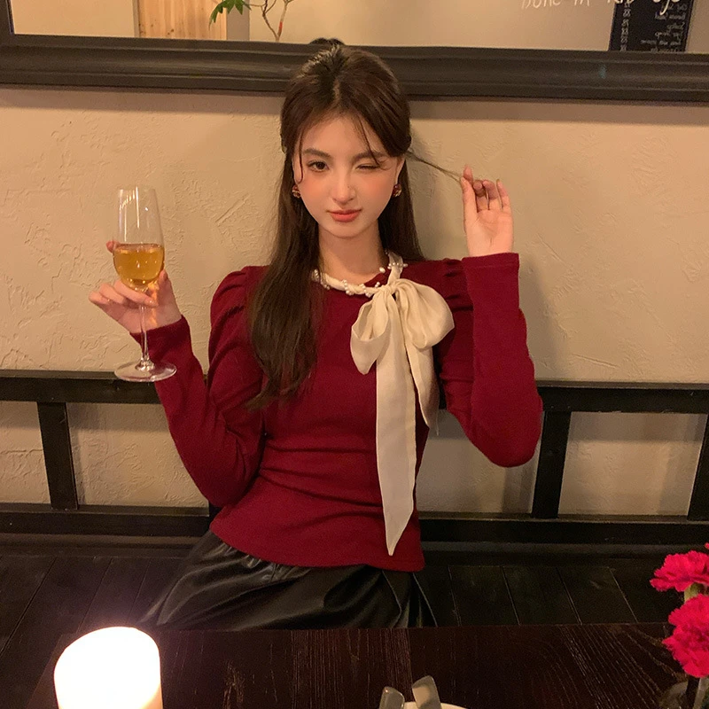 女衬衫衬衣2024秋季新款韩版气质珍珠蝴蝶结修身针织设计感小衫女