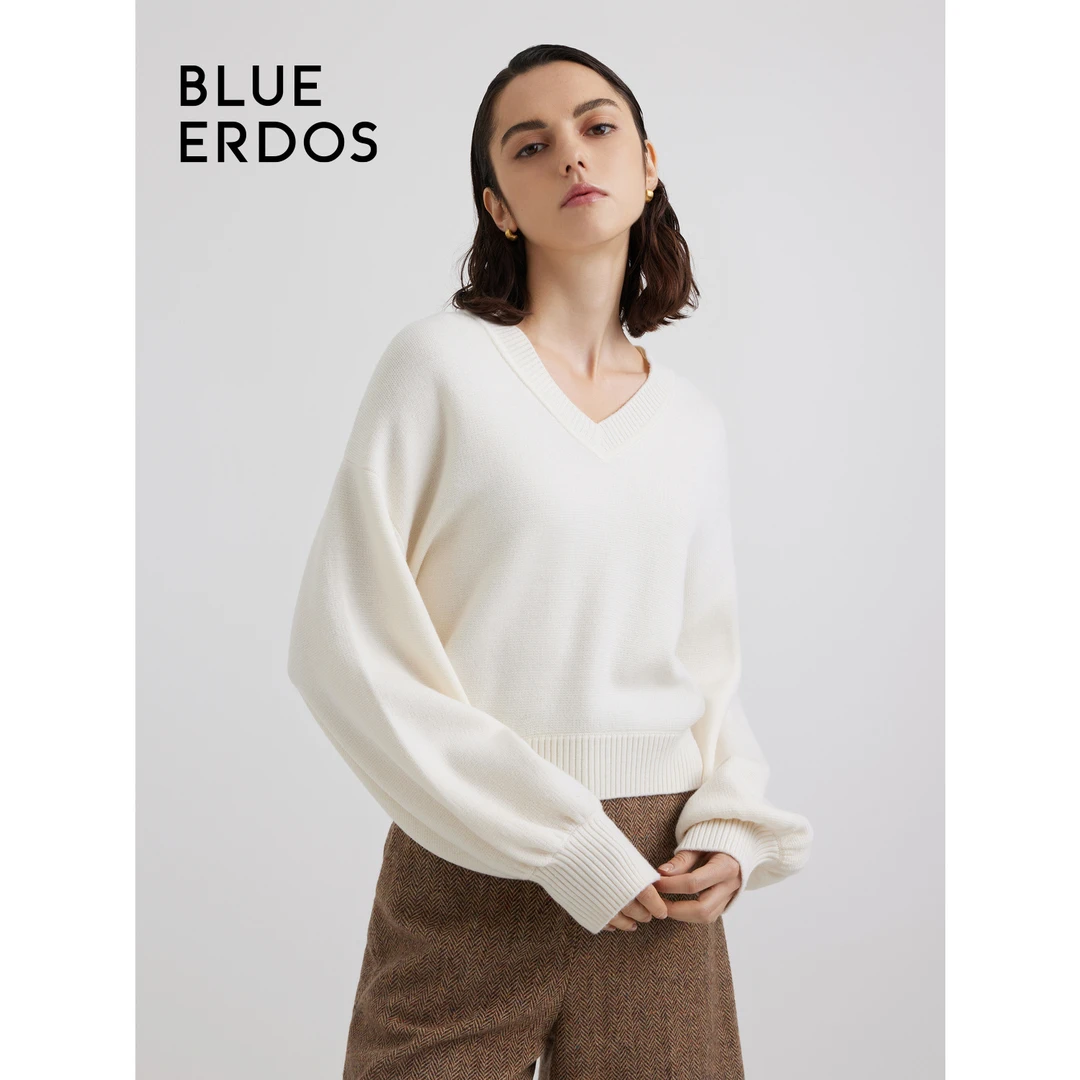 BLUE ERDOS宽松休闲V领灯笼袖短款精纺女羊毛衫百搭春季