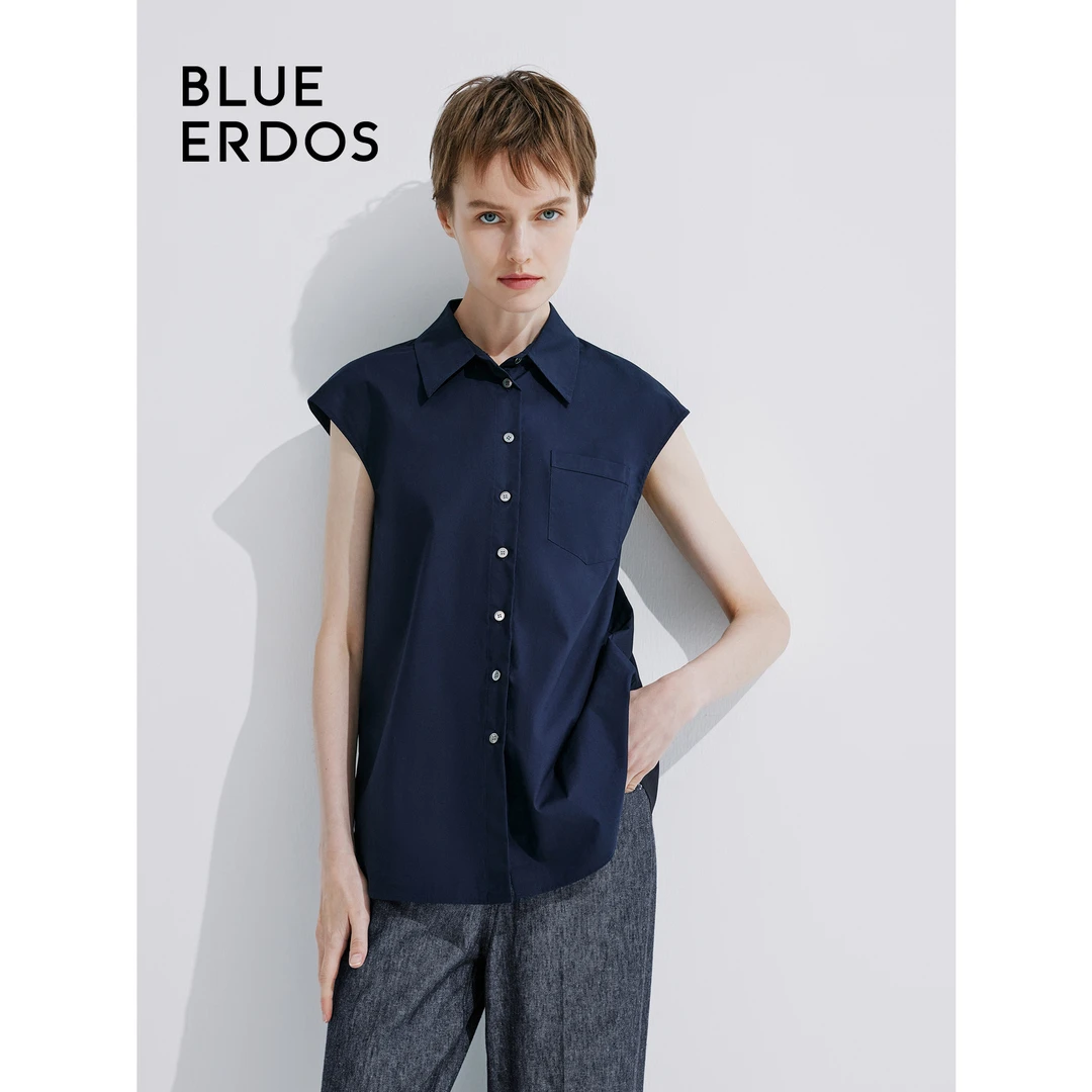 BLUE ERDOS 秋冬翻领直筒型纯色无袖通勤衬衫上衣B245HB046