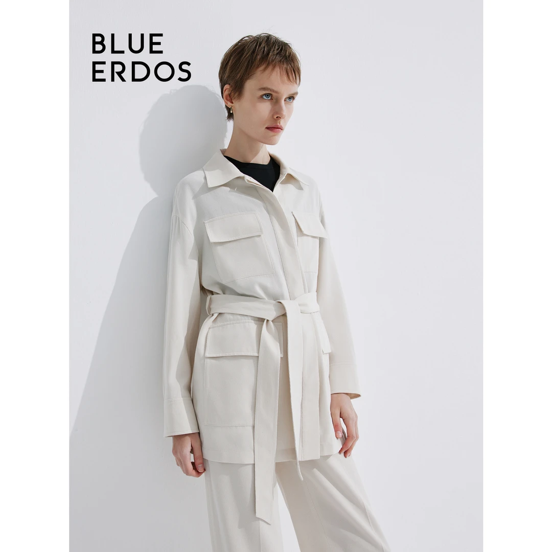 24春夏新款BLUE ERDOS混纺斜纹工装风翻领腰带女外套风感波粒