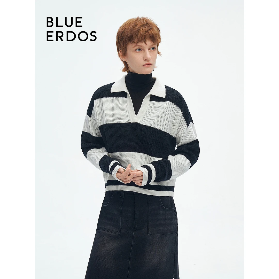 BLUE ERDOS秋冬宽松简约翻领V领条纹翻花针织套衫B246D0043