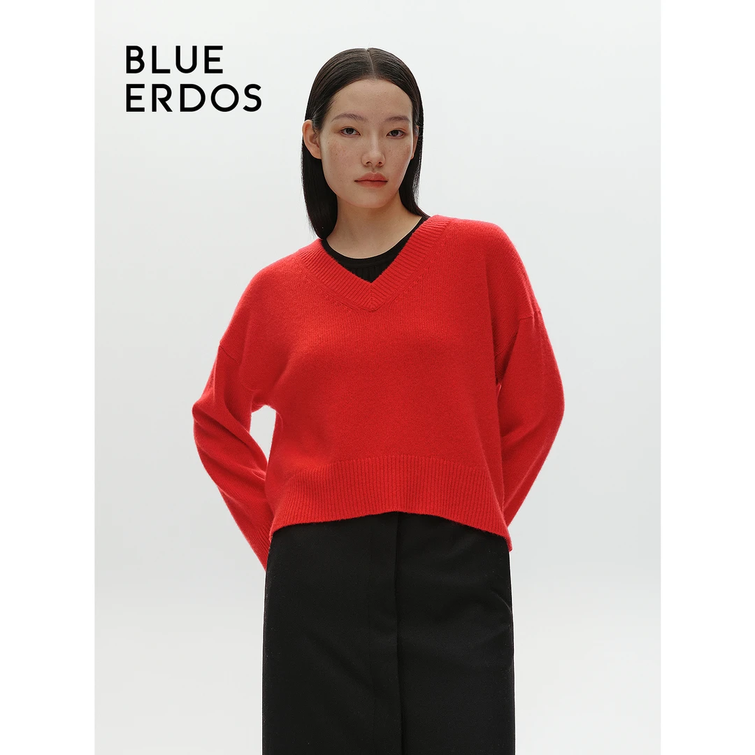 【明星同款】BLUE ERDOS24秋冬正红V领舒适羊绒衫女B246A0012