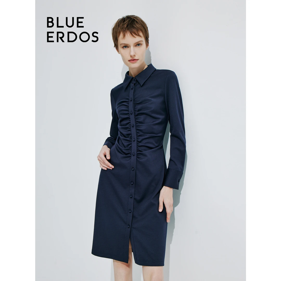 秋冬BLUE ERDOS羊毛混纺罗马布优雅褶皱连衣裙B245D7002