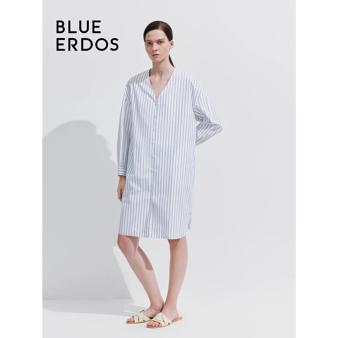 BLUE ERDOS秋冬宽松V领直筒慵懒风纯棉连衣裙女B245I2006